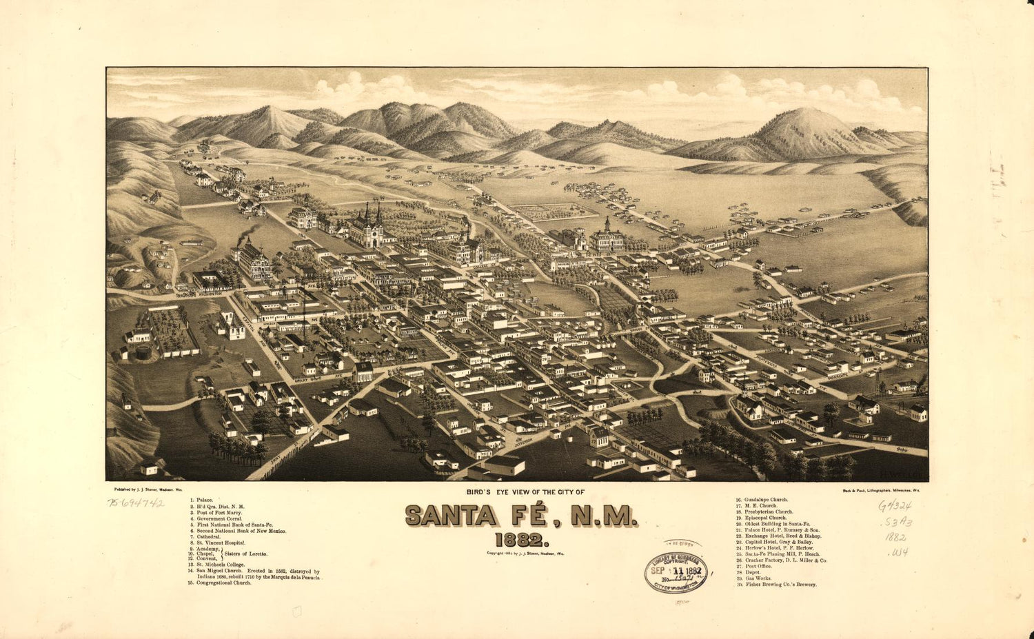 Bird's eye view of the city of Santa Fé, N.M. 1882. (1882) – Historic Bird’s-Eye View Panorama Print