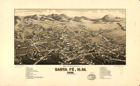 Bird's eye view of the city of Santa Fé, N.M. 1882. (1882) – Historic Bird’s-Eye View Panorama Print