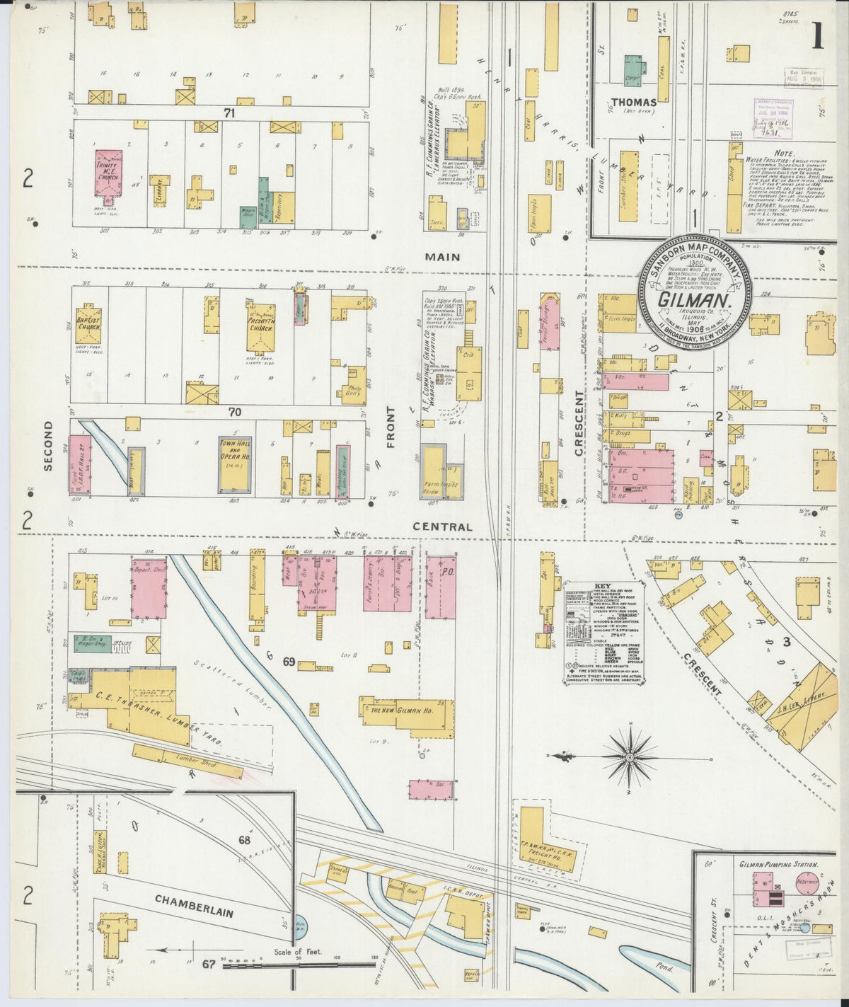 Sanborn Fire Insurance Map from Gilman, Iroquois County, Illinois (1906), Sheet #0001 - Historic Sanborn Fire Insurance Map Print, vintage old map wall art, antique decor, genealogy gift, Illinois Illinois map