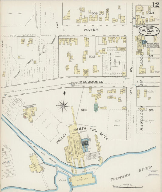 Sanborn Fire Insurance Map from Eau Claire, Eau Claire County, Wisconsin (1885), Sheet #0012 - Historic Sanborn Fire Insurance Map Print, vintage old map wall art, antique decor, genealogy gift, Wisconsin Wisconsin map