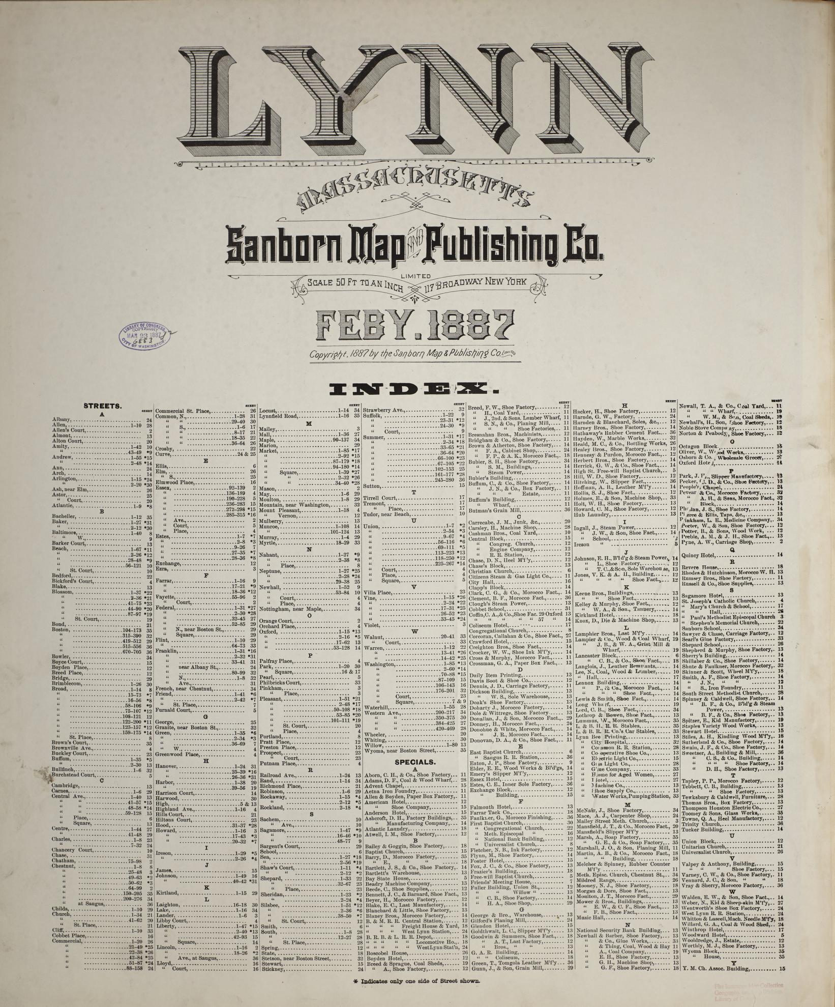Sanborn Fire Insurance Map from Lynn, Essex County, Massachusetts (1887), Sheet #0001 - Historic Sanborn Fire Insurance Map Print, vintage old map wall art, antique decor, genealogy gift, Massachusetts Massachusetts map
