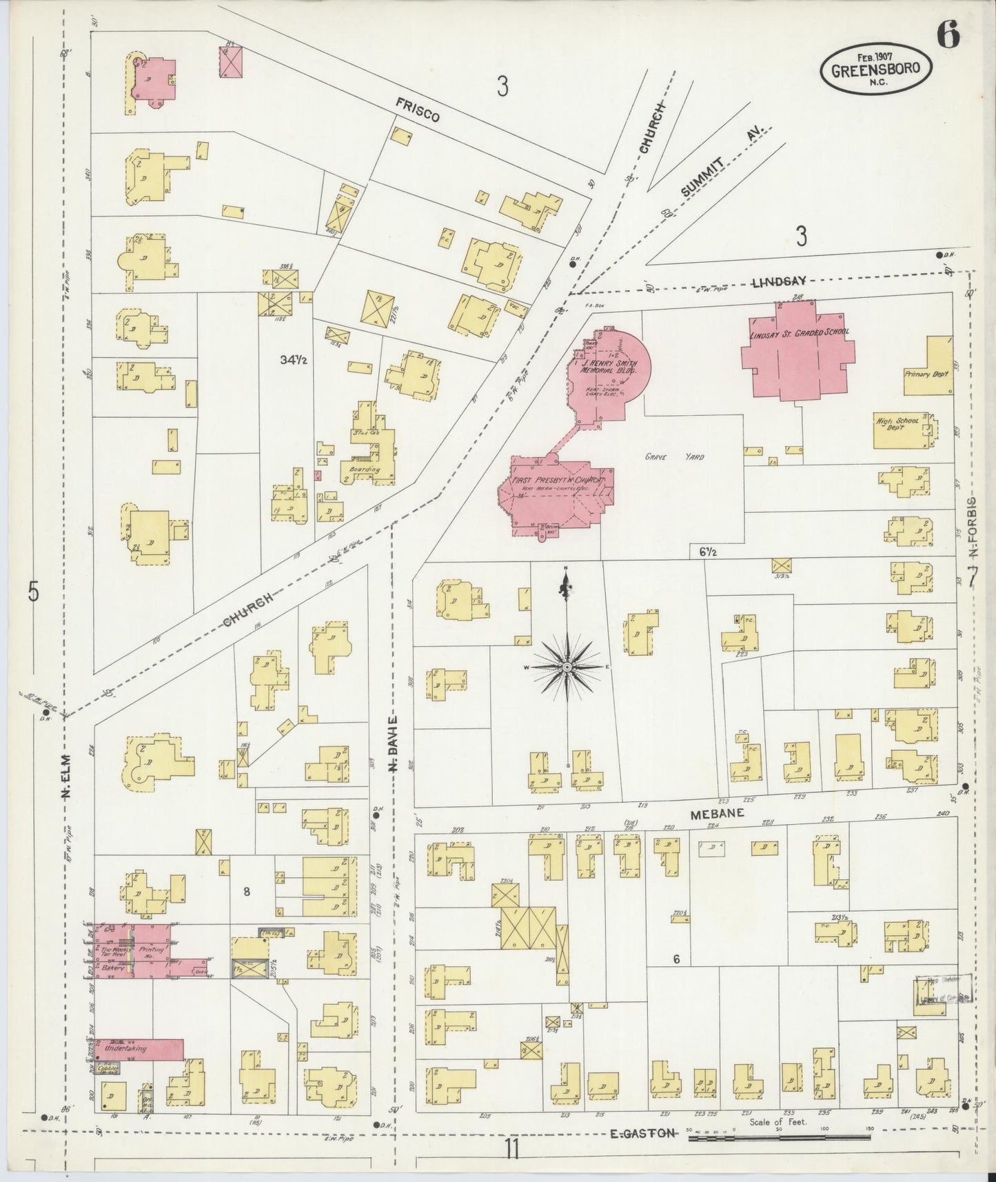 Sanborn Fire Insurance Map from Greensboro, Guilford County, North Carolina (1907), Sheet #0006 - Complete Map Set gallery image, historic Sanborn map, vintage wall art, North Carolina North Carolina