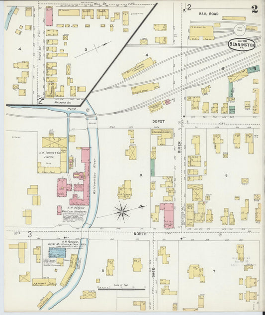 Sanborn Fire Insurance Map from Bennington, Bennington County, Vermont (1896), Sheet #0002 - Historic Sanborn Fire Insurance Map Print, vintage old map wall art, antique decor, genealogy gift, Vermont Vermont map