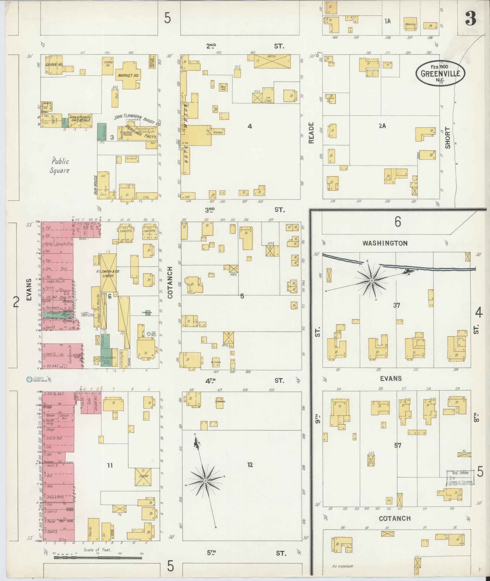 Sanborn Fire Insurance Map from Greenville, Pitt County, North Carolina (1900), Sheet #0003 - Complete Map Set gallery image, historic Sanborn map, vintage wall art, North Carolina North Carolina