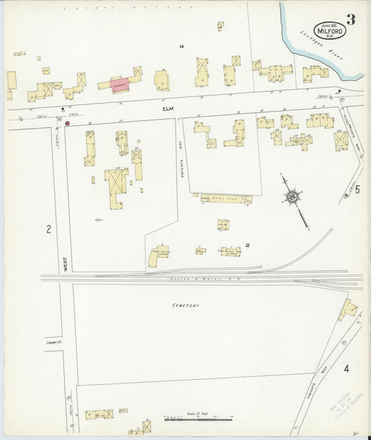 Sanborn Fire Insurance Map from Milford, Hillsborough County, New Hampshire (1912), Sheet #0003 - Historic Sanborn Fire Insurance Map Print, vintage old map wall art, antique decor, genealogy gift, New Hampshire New Hampshire map