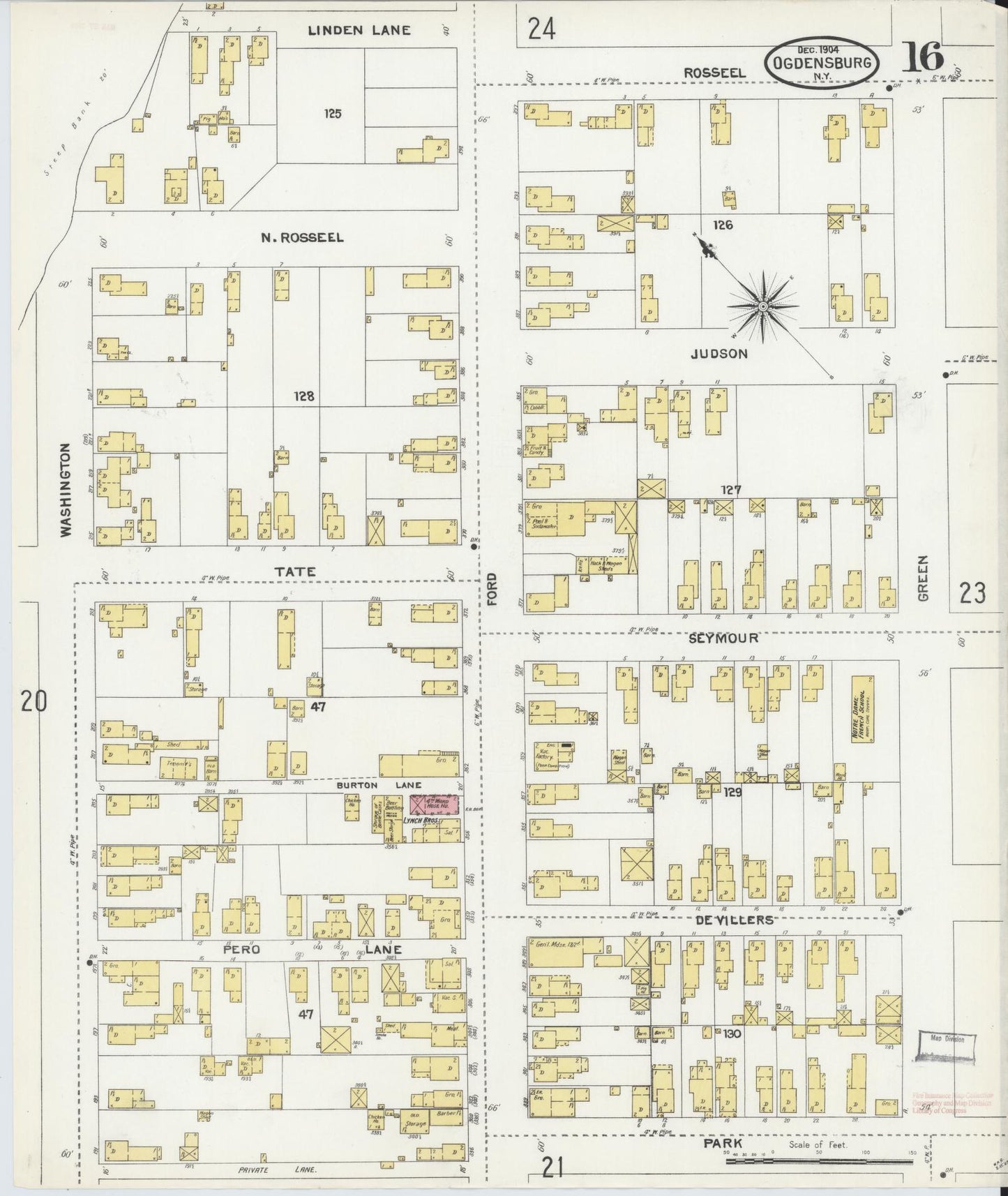 Sanborn Fire Insurance Map from Ogdensburg, St. Lawrence County, New York (1904), Sheet #0016 - Historic Sanborn Fire Insurance Map Print, vintage old map wall art, antique decor, genealogy gift, New York New York map