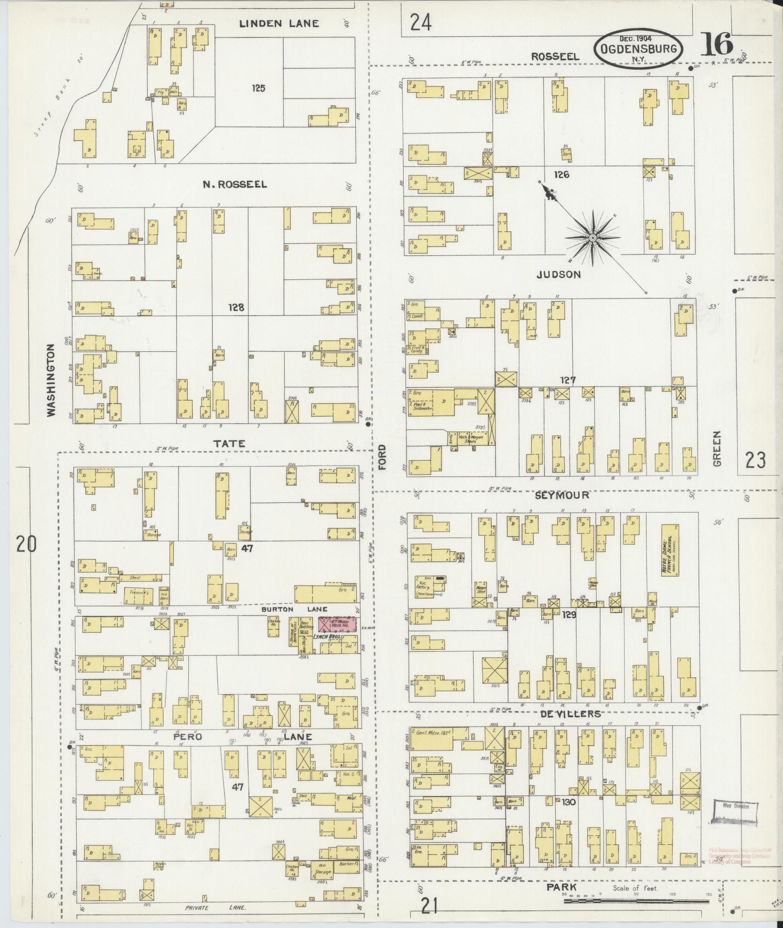 Sanborn Fire Insurance Map from Ogdensburg, St. Lawrence County, New York (1904), Sheet #0016 - Historic Sanborn Fire Insurance Map Print, vintage old map wall art, antique decor, genealogy gift, New York New York map
