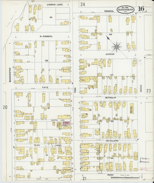 Sanborn Fire Insurance Map from Ogdensburg, St. Lawrence County, New York (1904), Sheet #0016 - Historic Sanborn Fire Insurance Map Print, vintage old map wall art, antique decor, genealogy gift, New York New York map