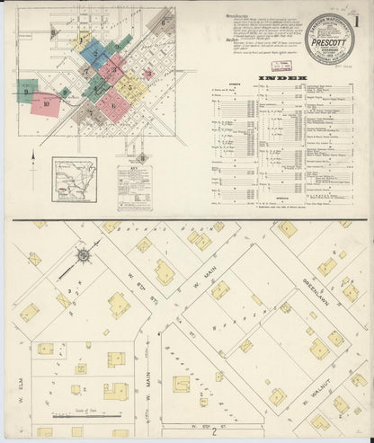 Sanborn Fire Insurance Map from Prescott, Nevada County, Arkansas (1913), Sheet #0001 - Complete Map Set gallery image, historic Sanborn map, vintage wall art, Prescott Nevada