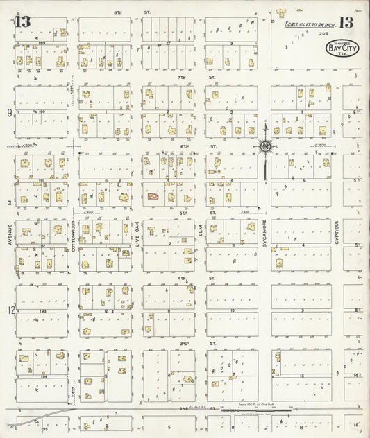 Sanborn Fire Insurance Map from Bay City, Matagorda County, Texas (1926), Sheet #0013 - Historic Sanborn Fire Insurance Map Print, vintage old map wall art, antique decor, genealogy gift, Texas Texas map
