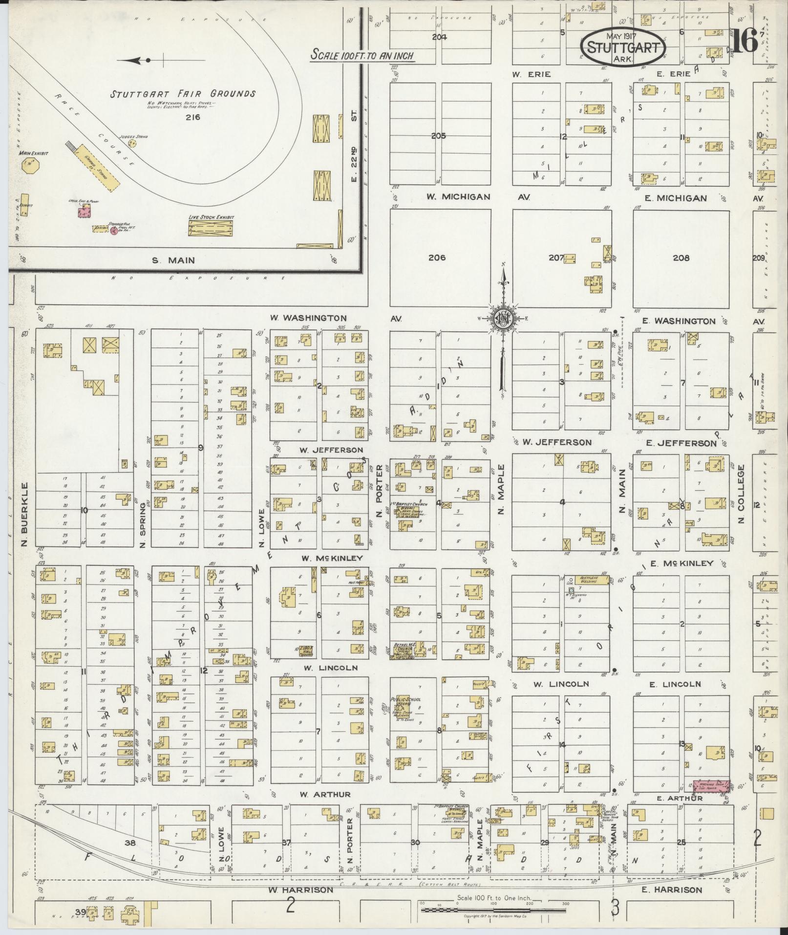 Sanborn Fire Insurance Map from Stuttgart, Arkansas County, Arkansas (1917), Sheet #0016 - Historic Sanborn Fire Insurance Map Print, vintage old map wall art, antique decor, genealogy gift, Stuttgart Arkansas map