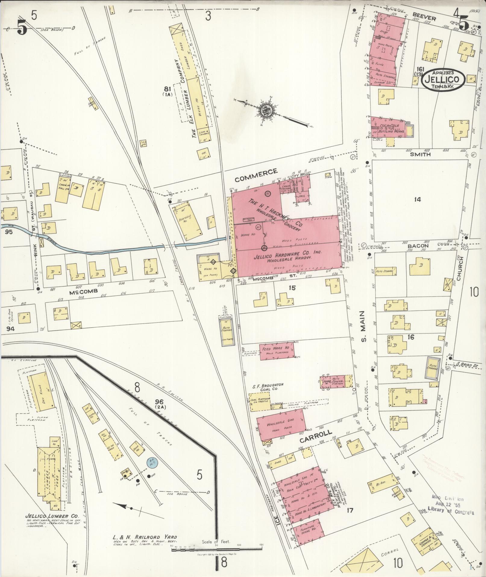 Sanborn Fire Insurance Map from Jellico, Whitley County, Ky., and Campbell County, Tenna, Kentucky (1923), Sheet #0005 - Historic Sanborn Fire Insurance Map Print, vintage old map wall art, antique decor, genealogy gift, Kentucky Kentucky map