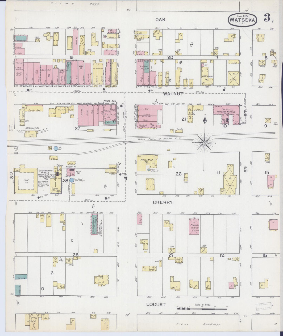 Sanborn Fire Insurance Map from Watseka, Iroquois County, Illinois (1892), Sheet #0003 - Complete Map Set gallery image, historic Sanborn map, vintage wall art, Illinois Illinois