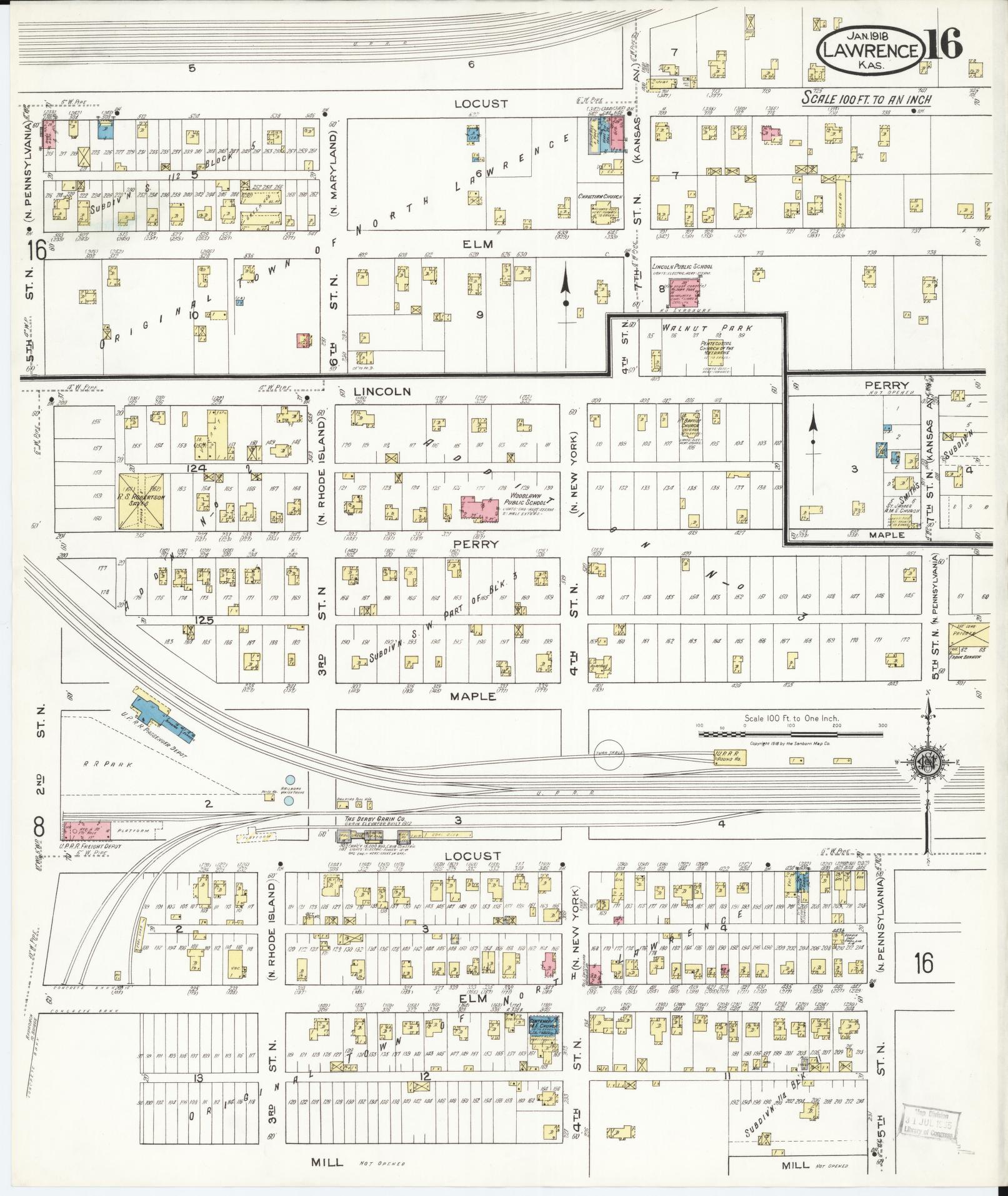 Sanborn Fire Insurance Map from Lawrence, Douglas County, Kansas (1918), Sheet #0016 - Complete Map Set gallery image, historic Sanborn map, vintage wall art, Kansas Kansas