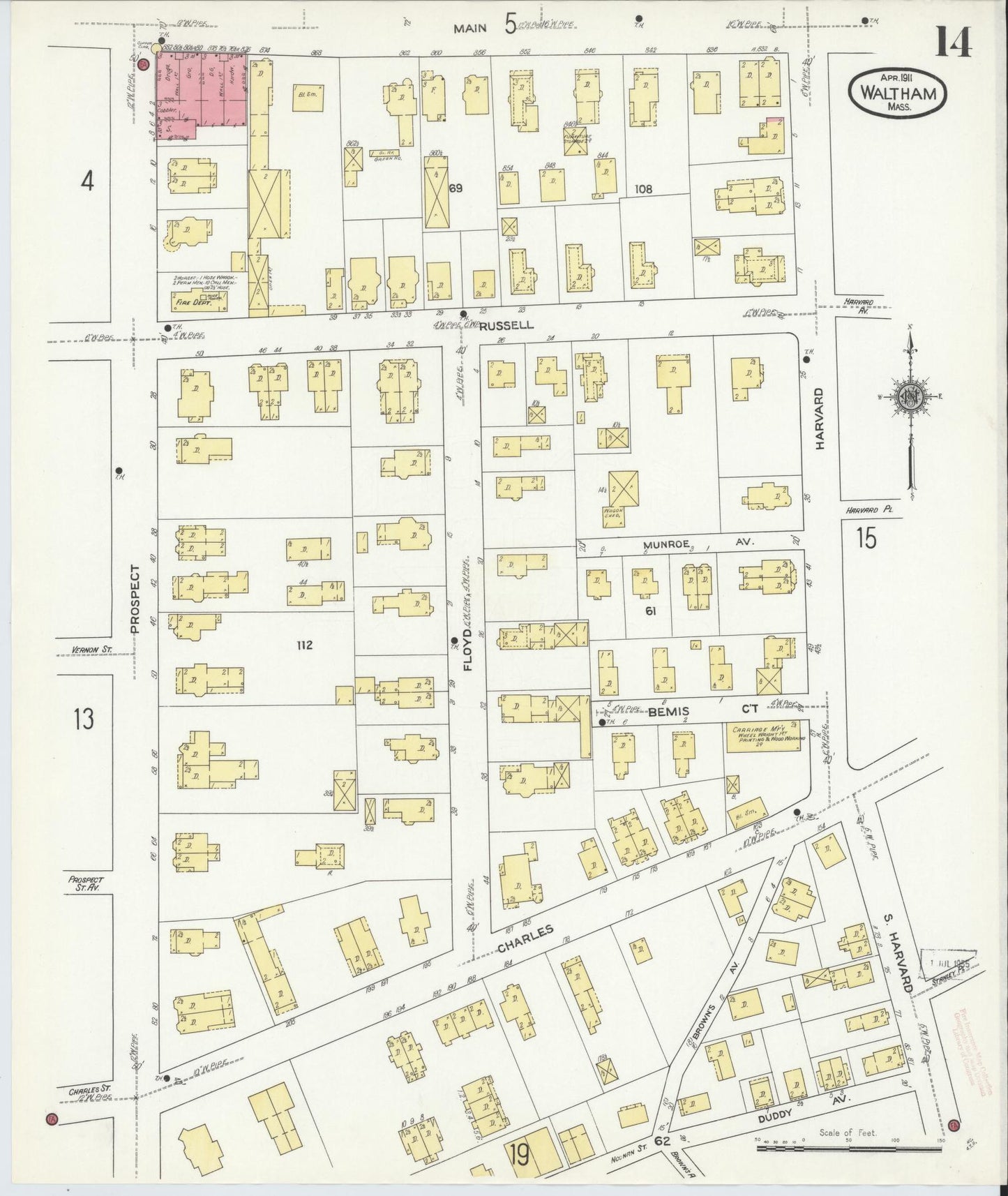 Sanborn Fire Insurance Map from Waltham, Middlesex County, Massachusetts (1911), Sheet #0014 - Complete Map Set gallery image, historic Sanborn map, vintage wall art, Massachusetts Massachusetts