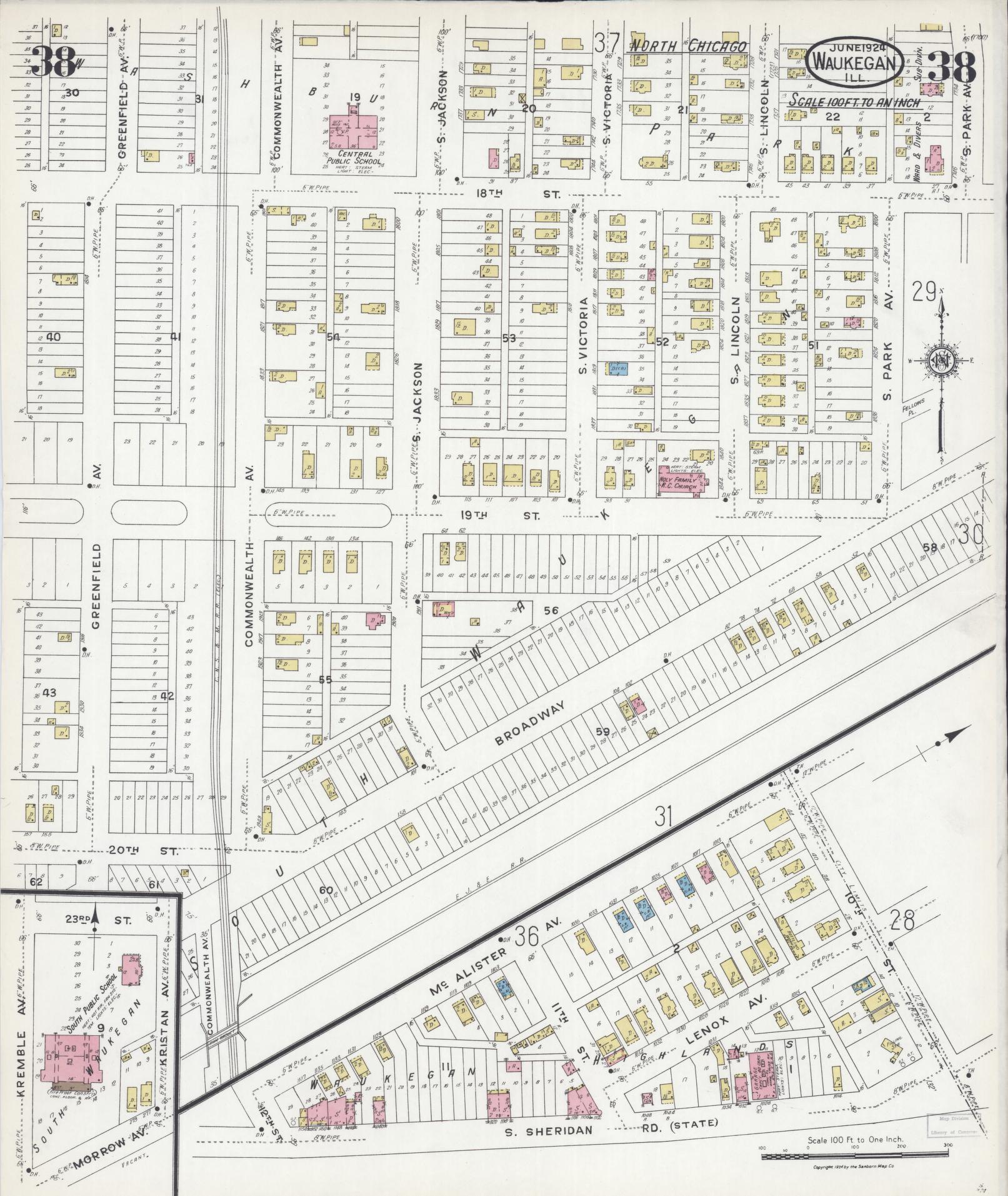 Sanborn Fire Insurance Map from Waukegan, Lake County, Illinois (1924), Sheet #0038 - Historic Sanborn Fire Insurance Map Print, vintage old map wall art, antique decor, genealogy gift, Illinois Illinois map