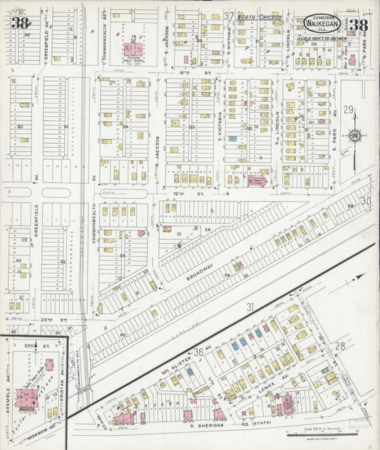 Sanborn Fire Insurance Map from Waukegan, Lake County, Illinois (1924), Sheet #0038 - Historic Sanborn Fire Insurance Map Print, vintage old map wall art, antique decor, genealogy gift, Illinois Illinois map