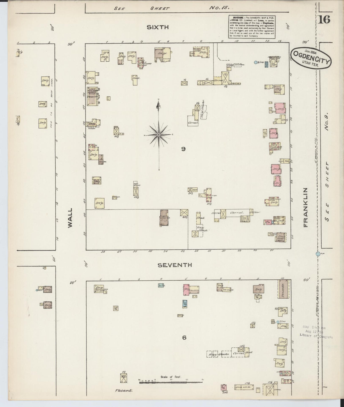 Sanborn Fire Insurance Map from Ogden, Weber County, Utah (1884), Sheet #0016 - Historic Sanborn Fire Insurance Map Print, vintage old map wall art, antique decor, genealogy gift, Utah Utah map