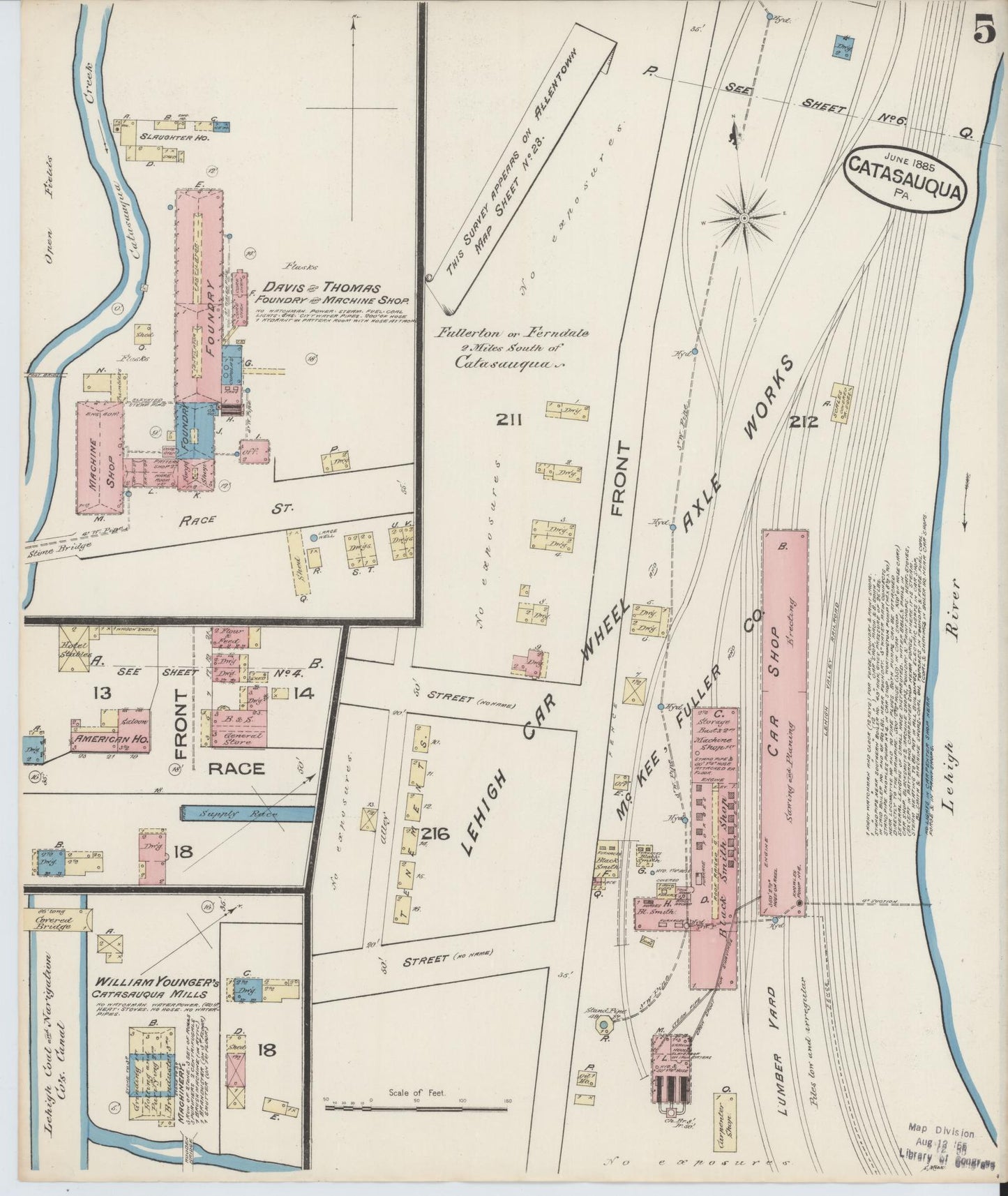 Sanborn Fire Insurance Map from Catasauqua, Lehigh County, Pennsylvania (1885), Sheet #0005 - Historic Sanborn Fire Insurance Map Print, vintage old map wall art, antique decor, genealogy gift, Pennsylvania Pennsylvania map