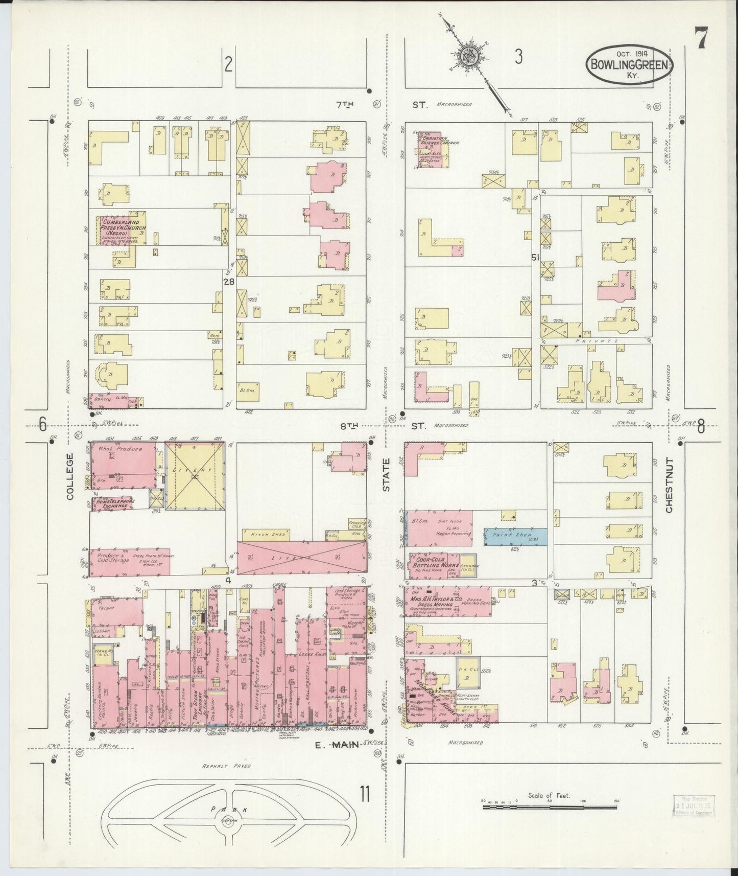 Sanborn Fire Insurance Map from Bowling Green, Warren County, Kentucky (1914), Sheet #0007 - Historic Sanborn Fire Insurance Map Print, vintage old map wall art, antique decor, genealogy gift, Kentucky Kentucky map