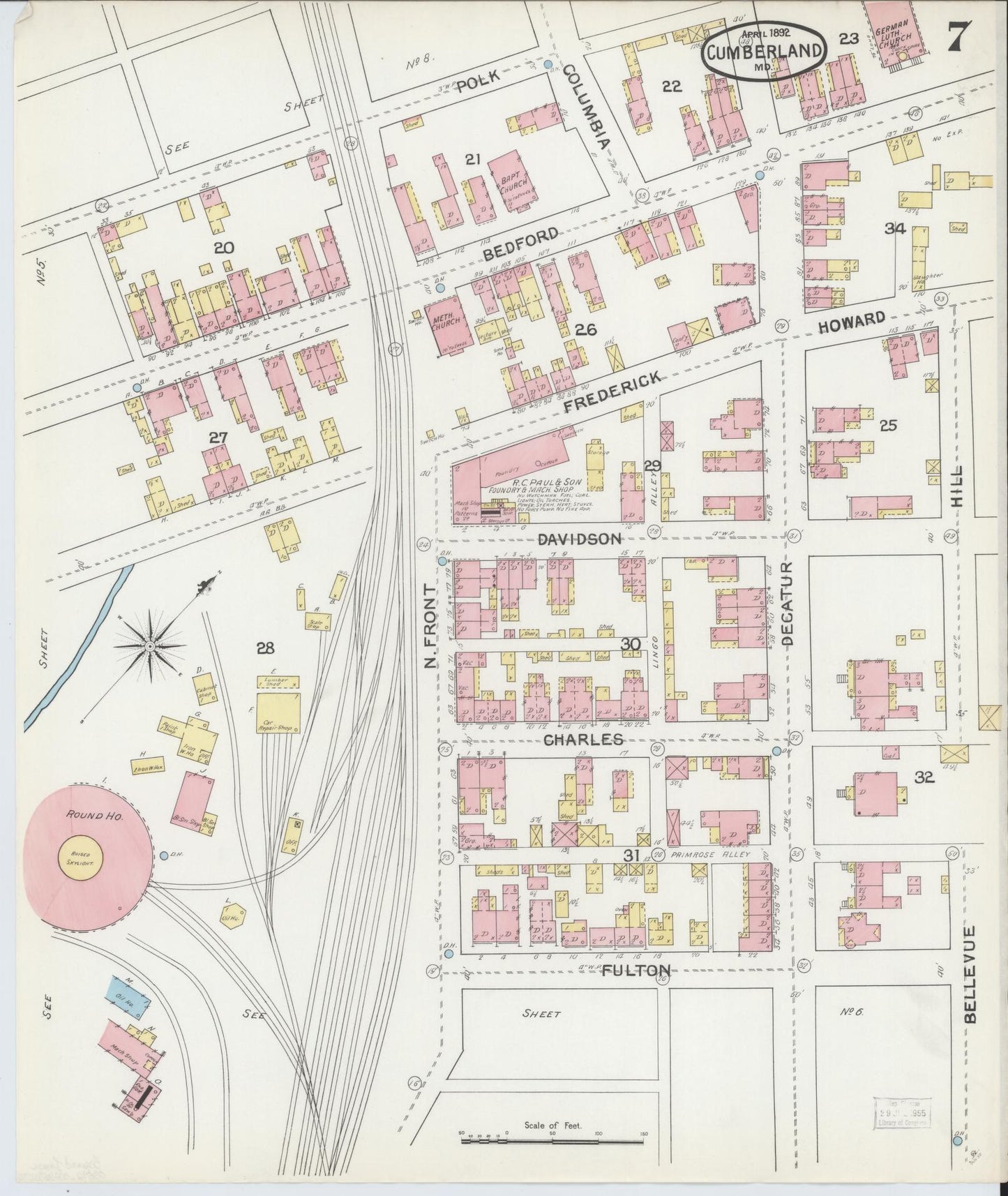Sanborn Fire Insurance Map from Cumberland, Allegany County, Maryland (1892), Sheet #0007 - Historic Sanborn Fire Insurance Map Print, vintage old map wall art, antique decor, genealogy gift, Maryland Maryland map