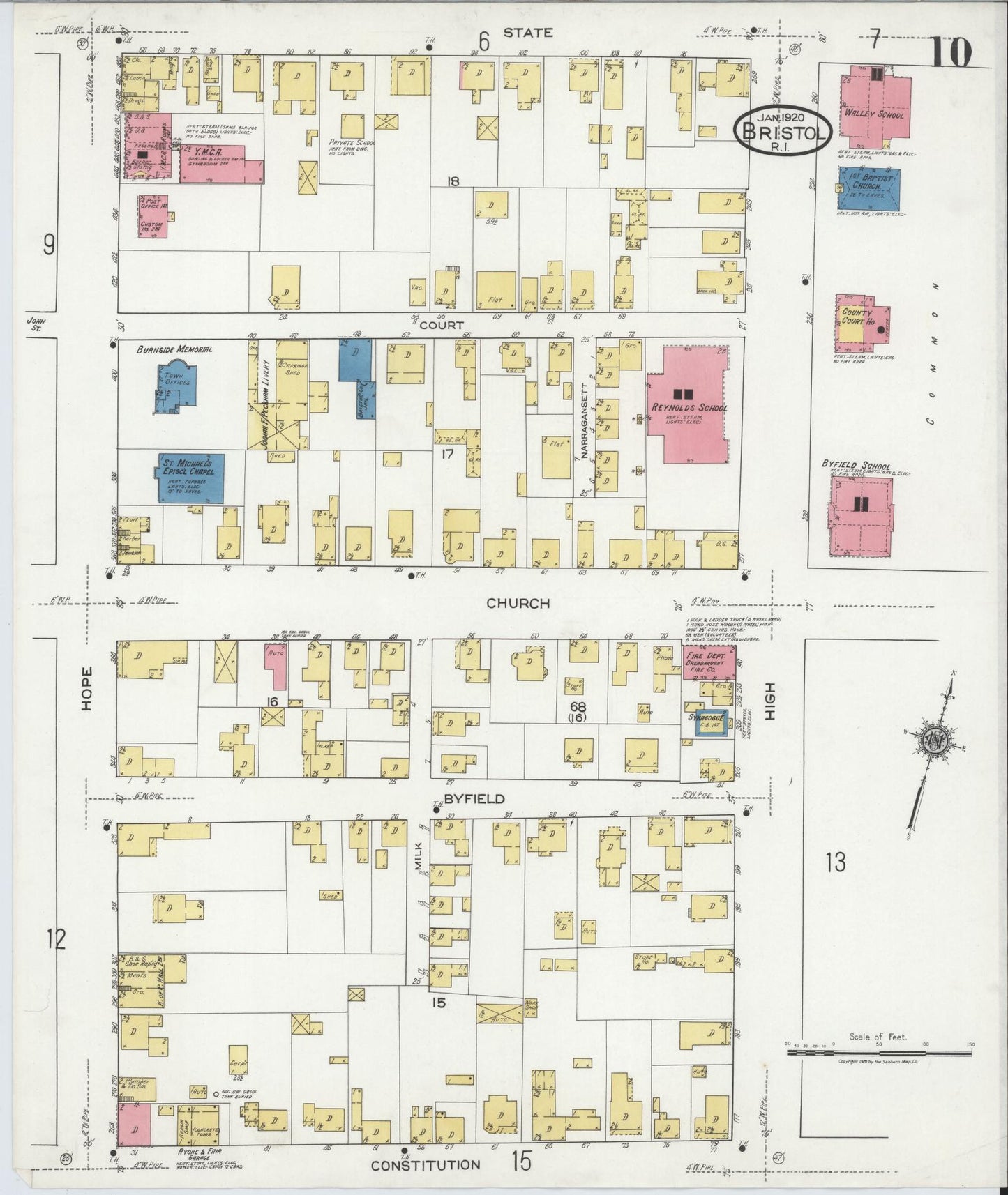 Sanborn Fire Insurance Map from Bristol, Bristol County, Rhode Island (1920), Sheet #0010 - Historic Sanborn Fire Insurance Map Print, vintage old map wall art, antique decor, genealogy gift, Rhode Island Rhode Island map
