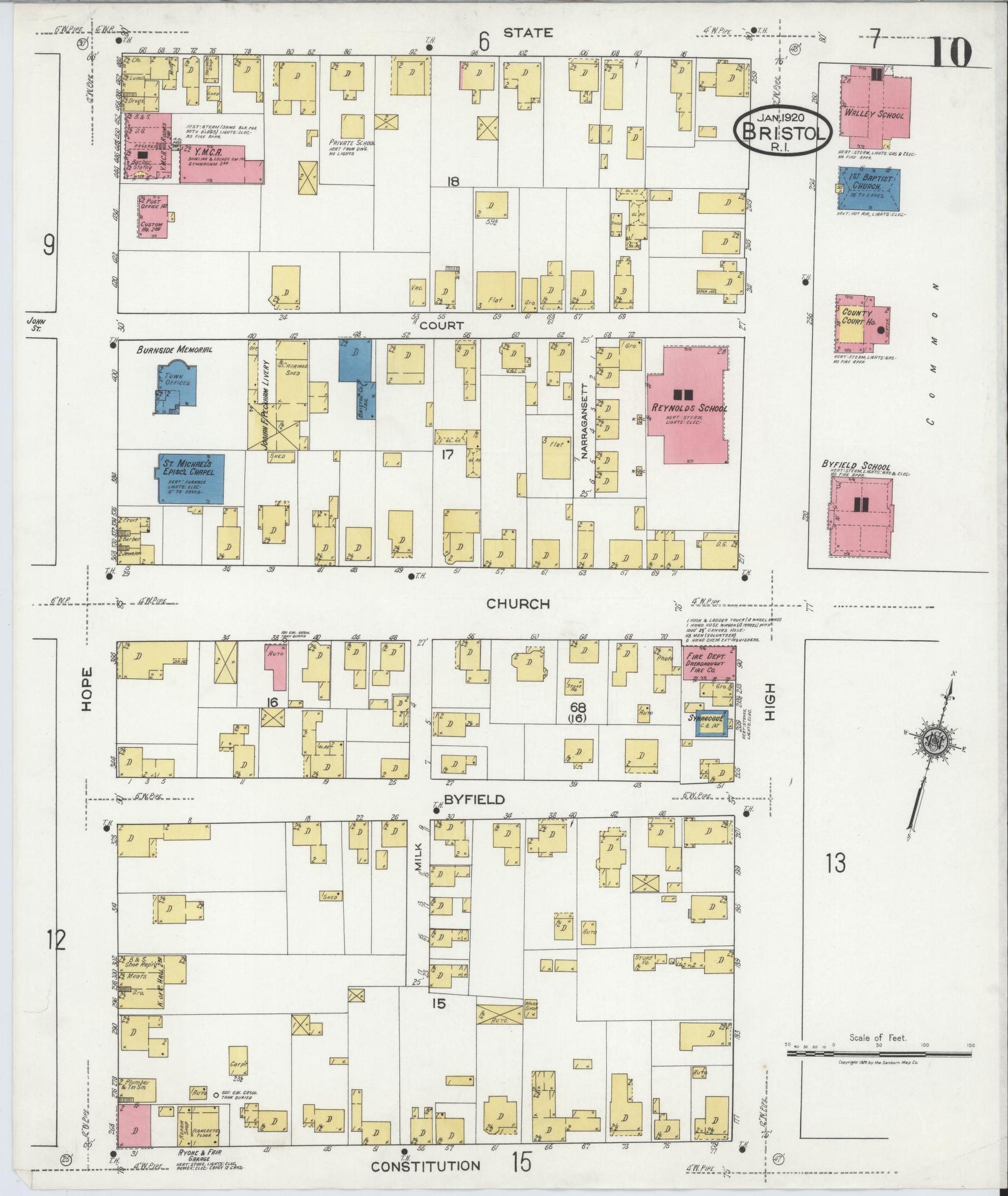 Sanborn Fire Insurance Map from Bristol, Bristol County, Rhode Island (1920), Sheet #0010 - Historic Sanborn Fire Insurance Map Print, vintage old map wall art, antique decor, genealogy gift, Rhode Island Rhode Island map