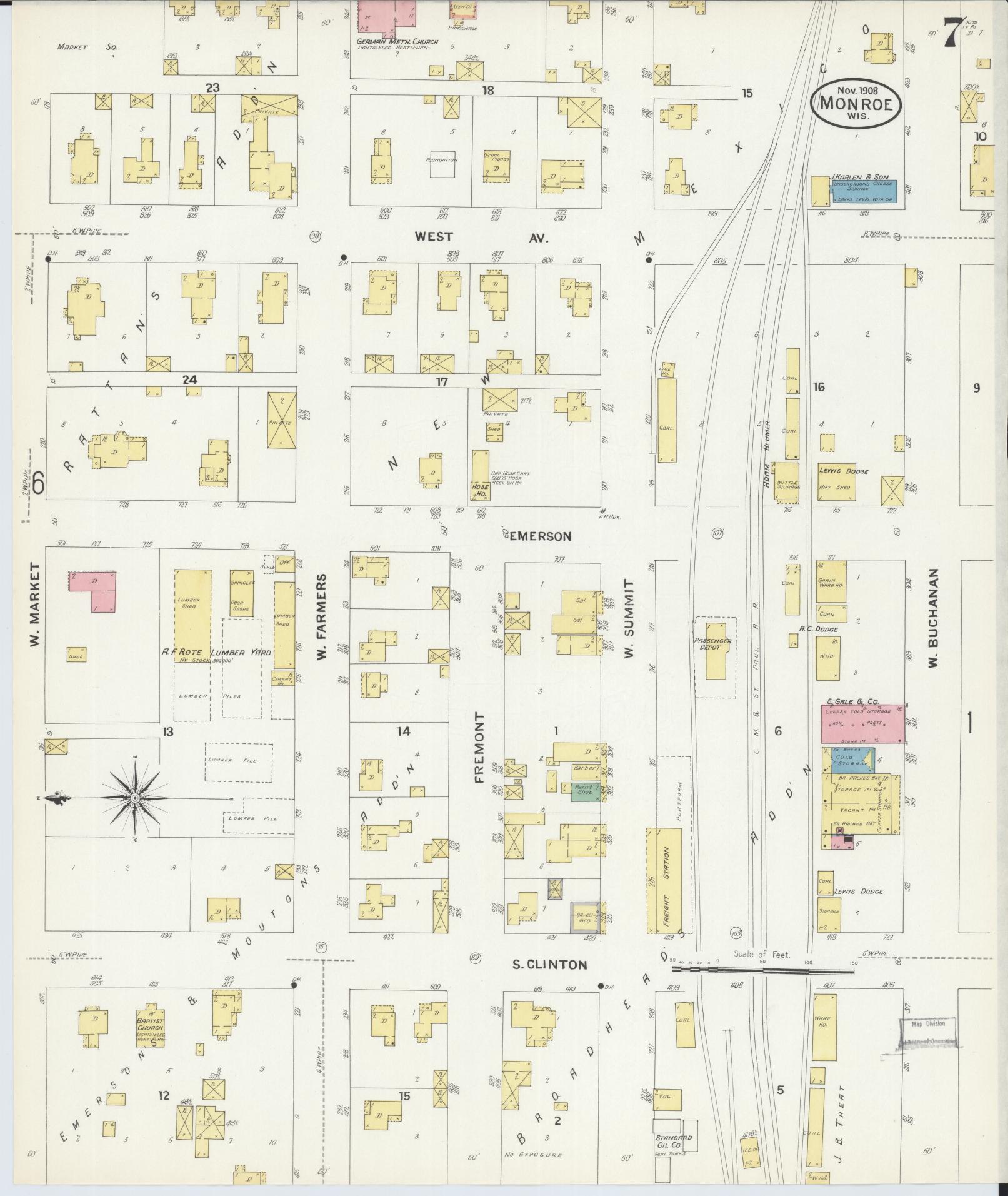 Sanborn Fire Insurance Map from Monroe, Green County, Wisconsin (1908), Sheet #0007 - Complete Map Set gallery image, historic Sanborn map, vintage wall art, Wisconsin Wisconsin