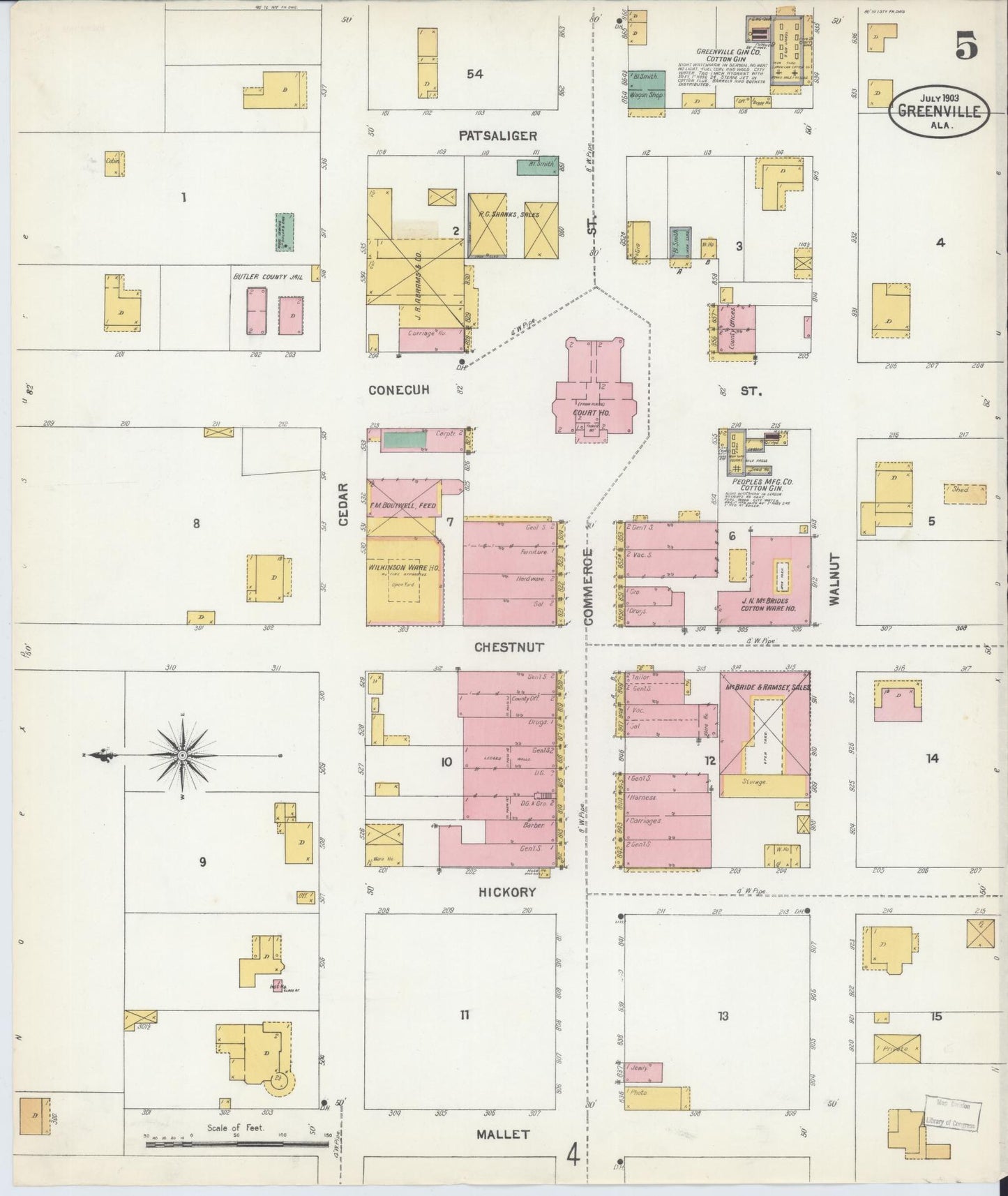 Sanborn Fire Insurance Map from Greenville, Butler County, Alabama (1903), Sheet #0005 - Historic Sanborn Fire Insurance Map Print, vintage old map wall art, antique decor, genealogy gift, Alabama Alabama map