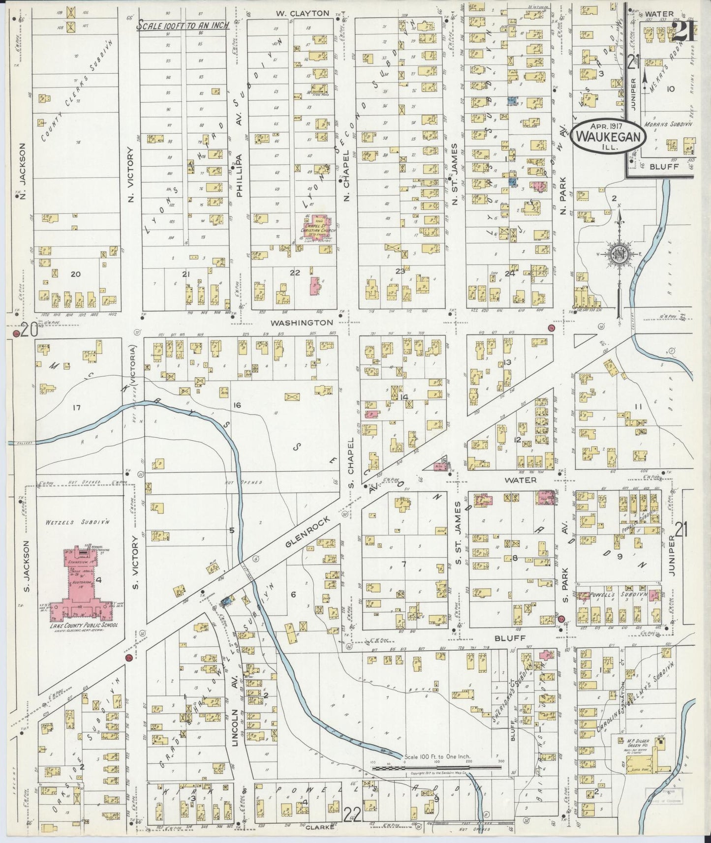 Sanborn Fire Insurance Map from Waukegan, Lake County, Illinois. (1917), Sheet 21 – Historic Sanborn Fire Insurance Map Print