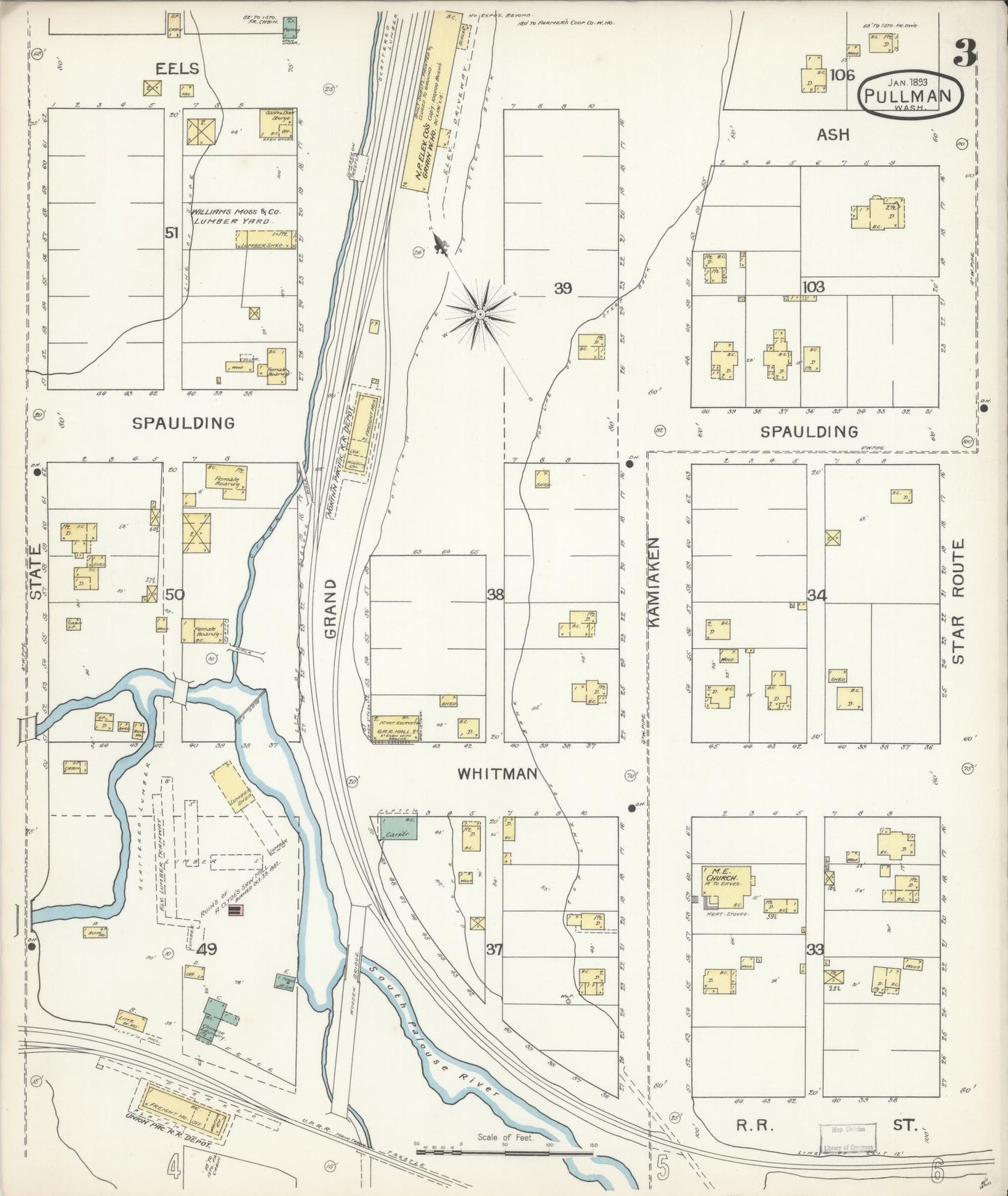 Sanborn Fire Insurance Map from Pullman, Whitman County, Washington (1893), Sheet #0003 - Complete Map Set gallery image, historic Sanborn map, vintage wall art, Washington Washington