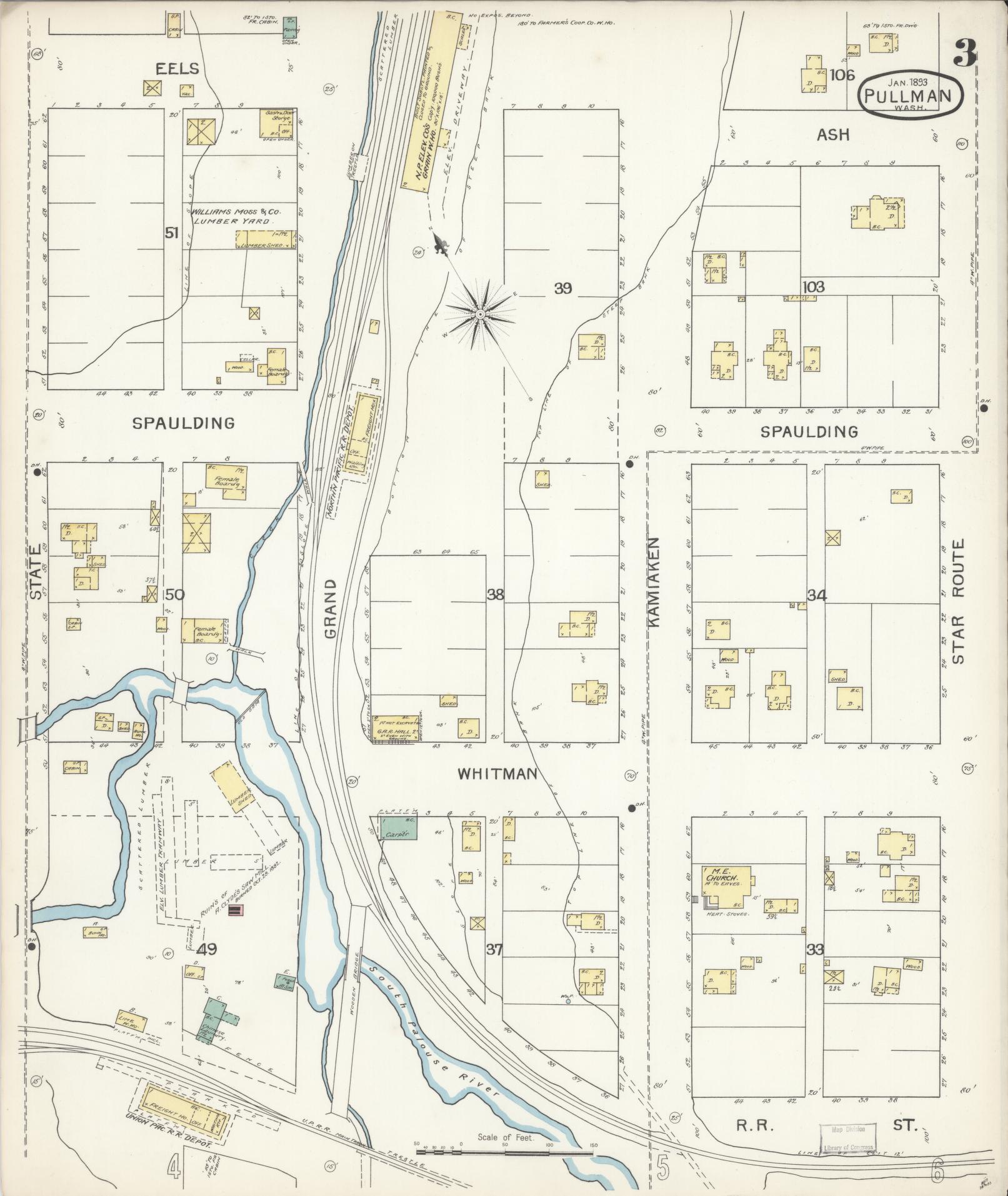 Sanborn Fire Insurance Map from Pullman, Whitman County, Washington (1893), Sheet #0003 - Complete Map Set gallery image, historic Sanborn map, vintage wall art, Washington Washington