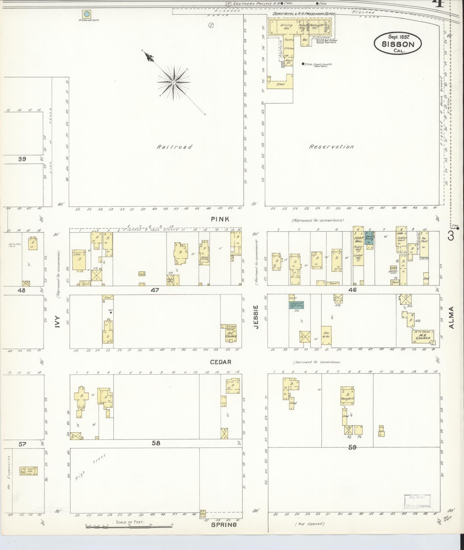 Sanborn Fire Insurance Map from Sisson, Siskiyou County, California (1897), Sheet #0004 - Complete Map Set gallery image, historic Sanborn map, vintage wall art, California California