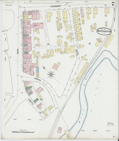 Sanborn Fire Insurance Map from Northampton, Hampshire County, Massachusetts (1889), Sheet #0007 - Historic Sanborn Fire Insurance Map Print, vintage old map wall art, antique decor, genealogy gift, Massachusetts Massachusetts map