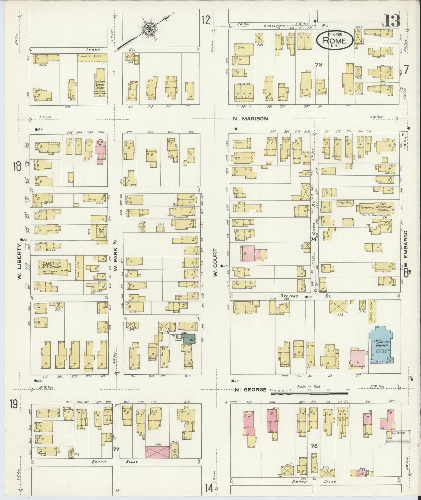 Sanborn Fire Insurance Map from Rome, Oneida County, New York (1909), Sheet #0013 - Historic Sanborn Fire Insurance Map Print, vintage old map wall art, antique decor, genealogy gift, New York New York map