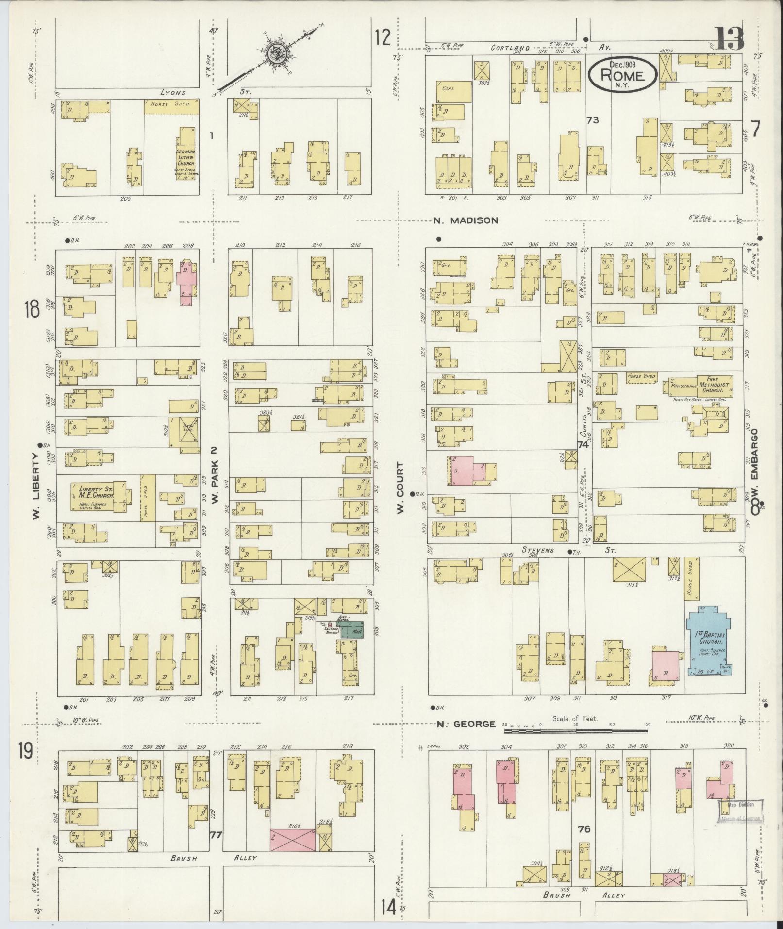 Sanborn Fire Insurance Map from Rome, Oneida County, New York (1909), Sheet #0013 - Historic Sanborn Fire Insurance Map Print, vintage old map wall art, antique decor, genealogy gift, New York New York map