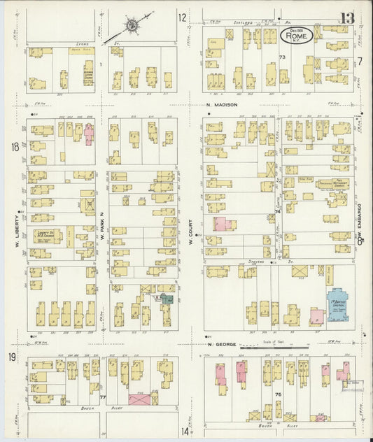 Sanborn Fire Insurance Map from Rome, Oneida County, New York (1909), Sheet #0013 - Historic Sanborn Fire Insurance Map Print, vintage old map wall art, antique decor, genealogy gift, New York New York map