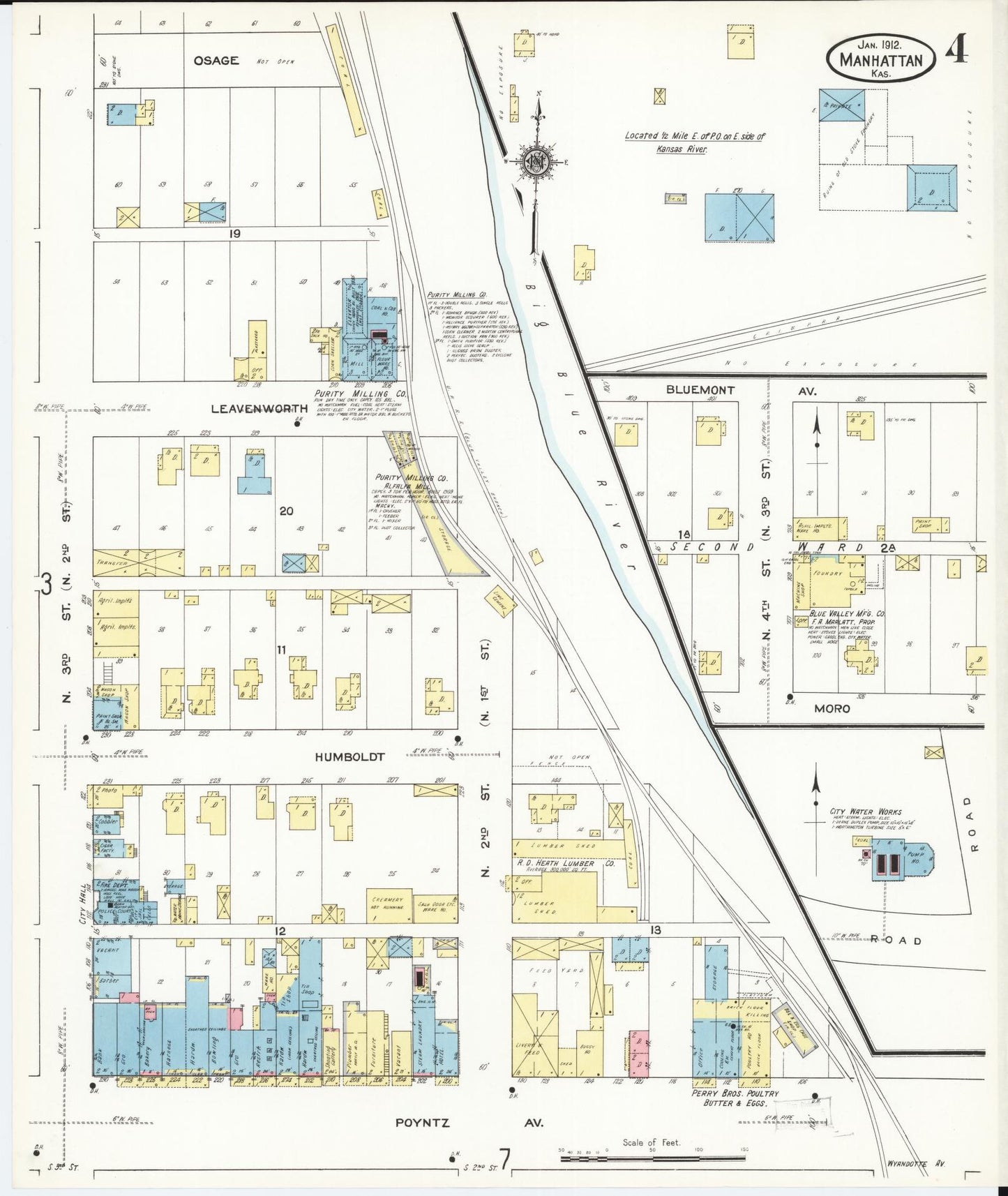 Sanborn Fire Insurance Map from Manhattan, Riley County, Kansas (1912), Sheet #0004 - Historic Sanborn Fire Insurance Map Print, vintage old map wall art, antique decor, genealogy gift, Kansas Kansas map