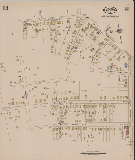 Sanborn Fire Insurance Map from Lakewood, Ocean County, New Jersey (1922), Sheet #0014 - Historic Sanborn Fire Insurance Map Print, vintage old map wall art, antique decor, genealogy gift, New Jersey New Jersey map