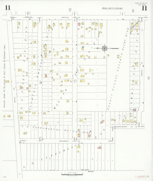 Sanborn Fire Insurance Map from Glen Ellyn, Du Page County, Illinois (1940), Sheet #0011 - Historic Sanborn Fire Insurance Map Print, vintage old map wall art, antique decor, genealogy gift, Illinois Illinois map