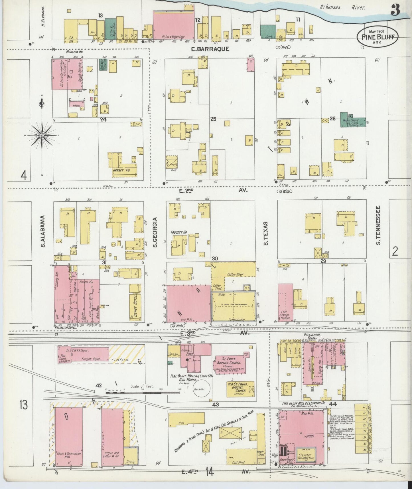 Sanborn Fire Insurance Map from Pine Bluff, Jefferson County, Arkansas (1901), Sheet #0003 - Complete Map Set gallery image, historic Sanborn map, vintage wall art, Arkansas Arkansas