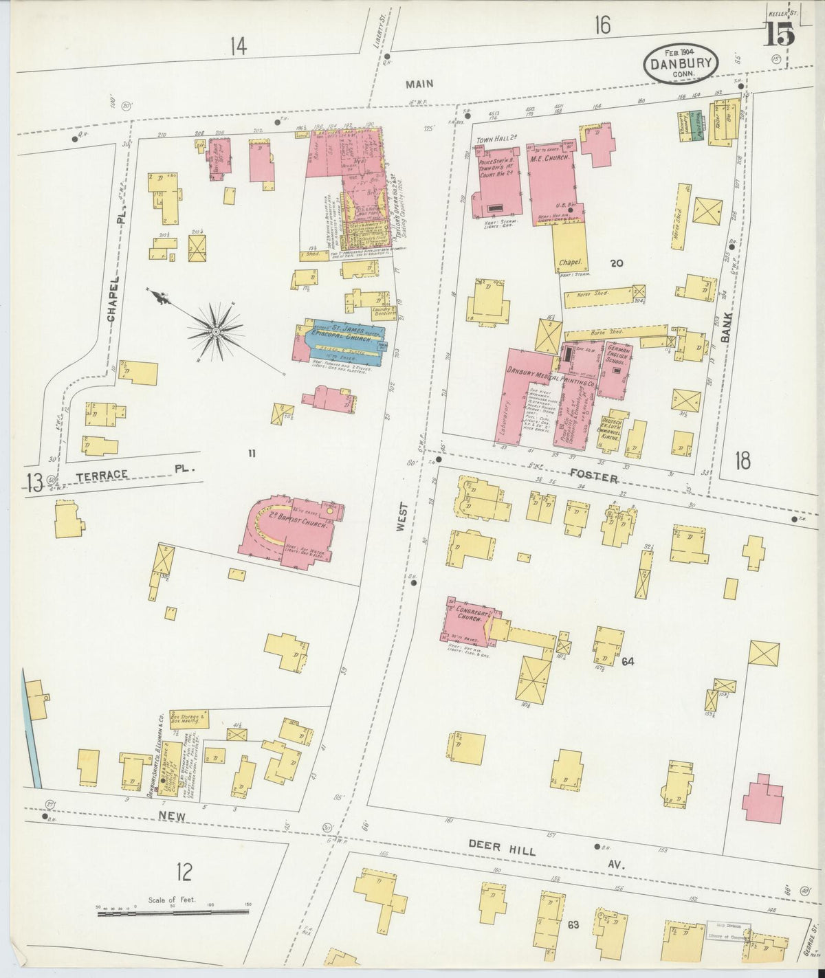 Sanborn Fire Insurance Map from Danbury, Fairfield County, Connecticut (1904), Sheet #0015 - Historic Sanborn Fire Insurance Map Print, vintage old map wall art, antique decor, genealogy gift, Connecticut Connecticut map