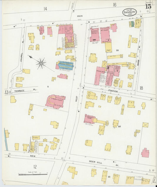 Sanborn Fire Insurance Map from Danbury, Fairfield County, Connecticut (1904), Sheet #0015 - Historic Sanborn Fire Insurance Map Print, vintage old map wall art, antique decor, genealogy gift, Connecticut Connecticut map
