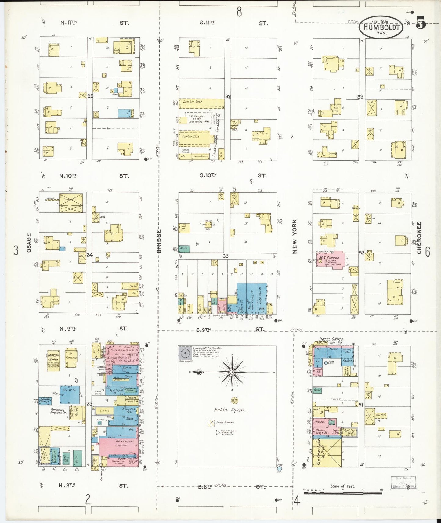 Sanborn Fire Insurance Map from Humboldt, Allen County, Kansas (1906), Sheet #0005 - Historic Sanborn Fire Insurance Map Print, vintage old map wall art, antique decor, genealogy gift, Kansas Kansas map