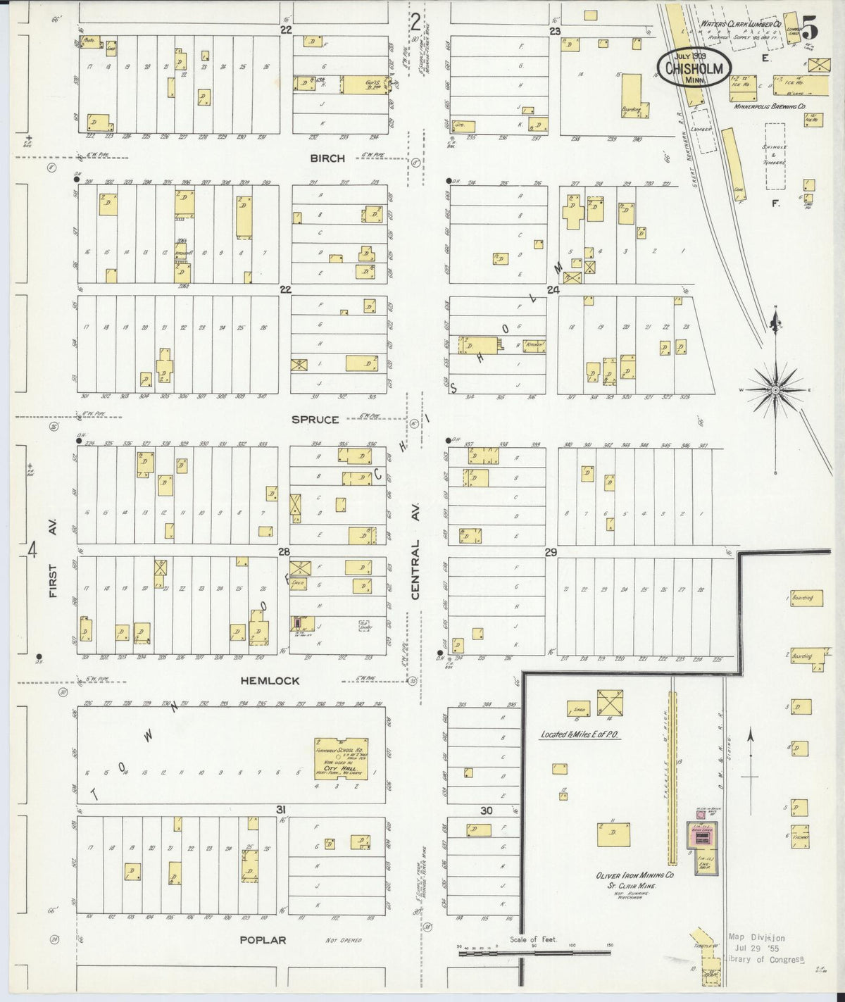 Sanborn Fire Insurance Map from Chisholm, Saint Louis County, Minnesota (1909), Sheet #0005 - Historic Sanborn Fire Insurance Map Print, vintage old map wall art, antique decor, genealogy gift, Minnesota Minnesota map