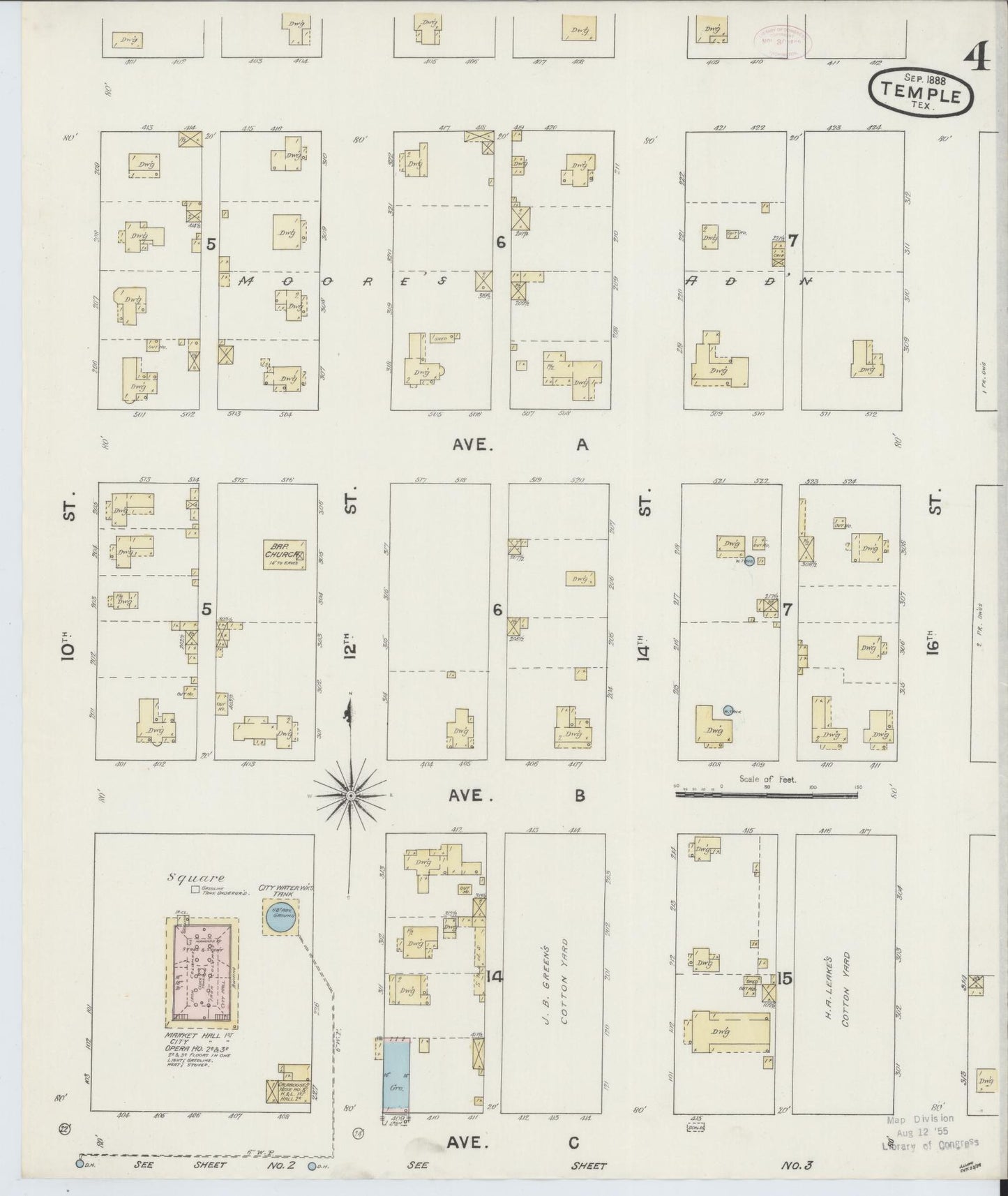 Sanborn Fire Insurance Map from Temple, Bell County, Texas (1888), Sheet #0004 - Complete Map Set gallery image, historic Sanborn map, vintage wall art, Texas Texas