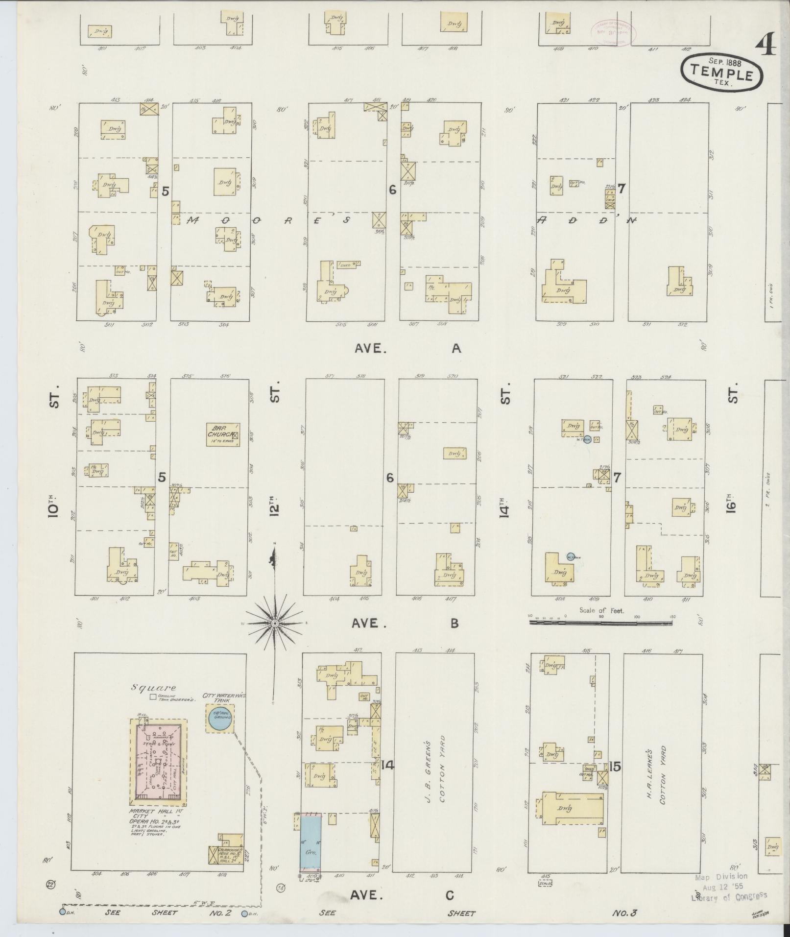 Sanborn Fire Insurance Map from Temple, Bell County, Texas (1888), Sheet #0004 - Complete Map Set gallery image, historic Sanborn map, vintage wall art, Texas Texas