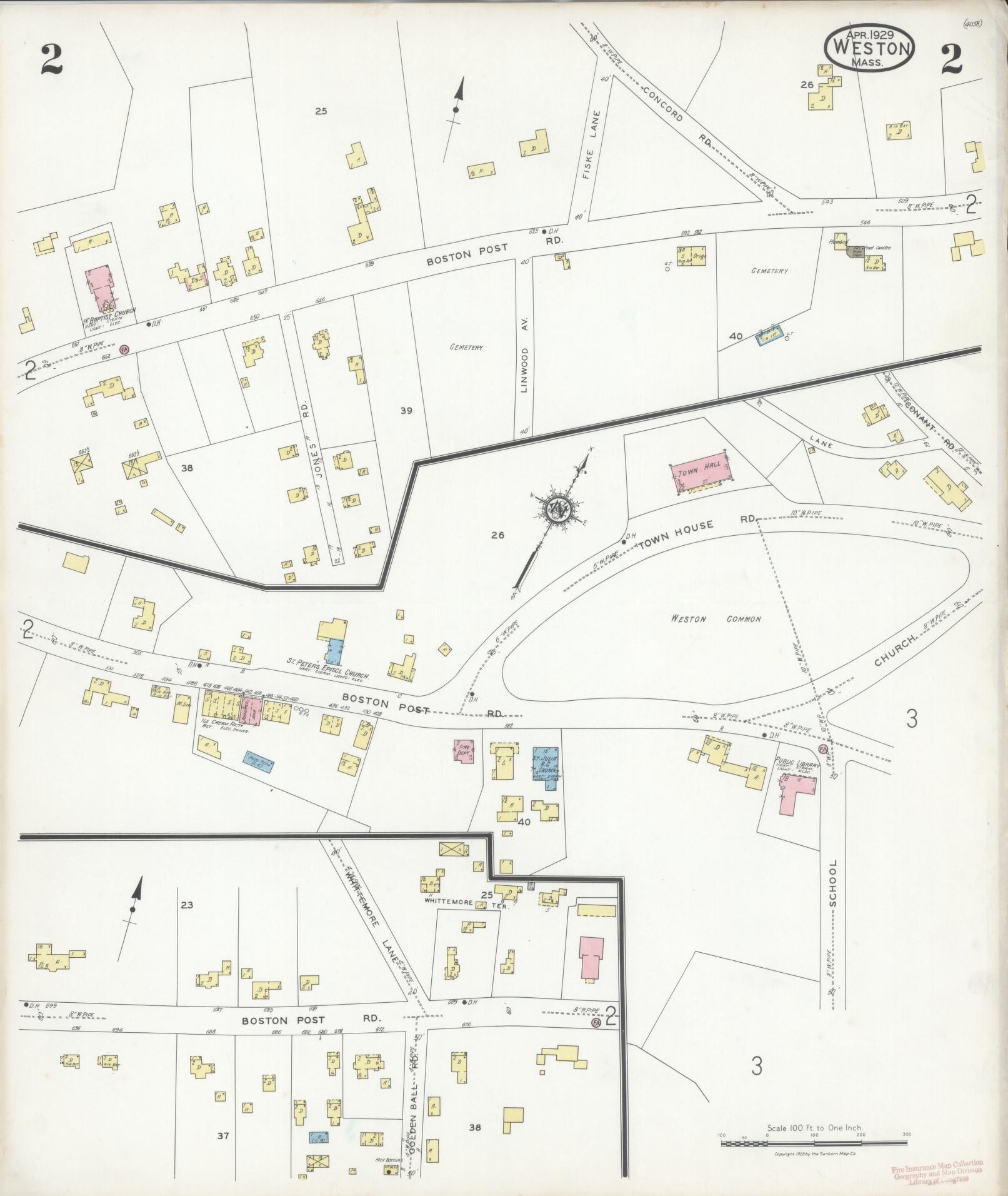 Sanborn Fire Insurance Map from Weston, Middlesex County, Massachusetts (1929), Sheet #0002 - Historic Sanborn Fire Insurance Map Print, vintage old map wall art, antique decor, genealogy gift, Massachusetts Massachusetts map