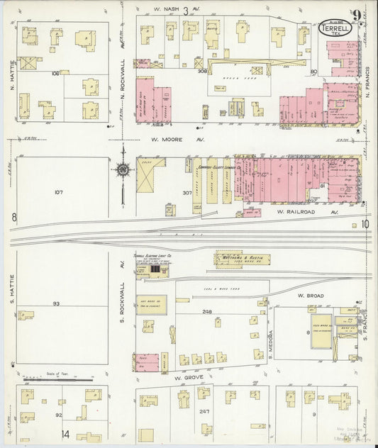Sanborn Fire Insurance Map from Terrell, Kaufman County, Texas (1914), Sheet #0009 - Historic Sanborn Fire Insurance Map Print, vintage old map wall art, antique decor, genealogy gift, Texas Texas map