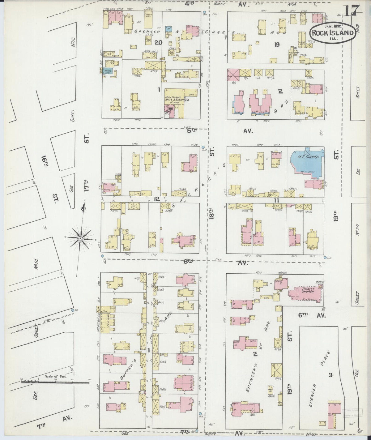 Sanborn Fire Insurance Map from Rock Island, Rock Island County, Illinois (1892), Sheet #0017 - Historic Sanborn Fire Insurance Map Print, vintage old map wall art, antique decor, genealogy gift, Illinois Illinois map